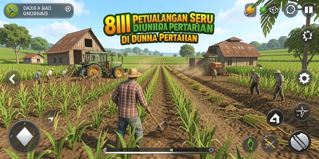 Screenshot gameplay <strong>8II</strong> menampilkan ladang dengan berbagai tanaman dan hewan.