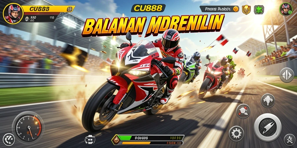Gameplay CU888 menampilkan aksi balapan motor yang intens dan mendebarkan.