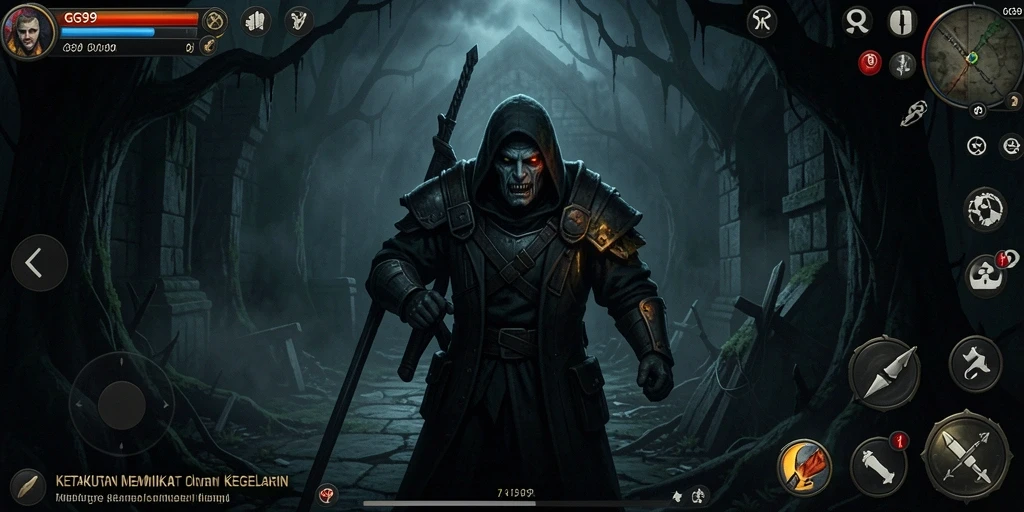 Tampilan menakutkan dari gameplay GG99 dalam suasana gelap.