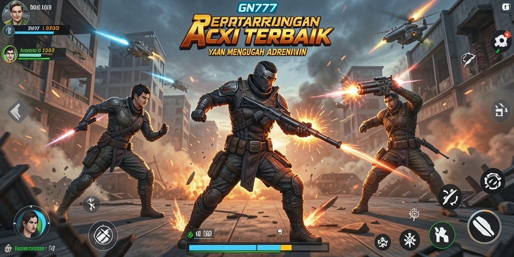Screenshot utama GN777 menampilkan pertempuran seru dan karakter yang dinamis.